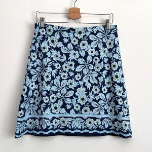 J Jill Knit Jersey Skirt S Blue Floral Pockets Short Stretch Summer Pull On